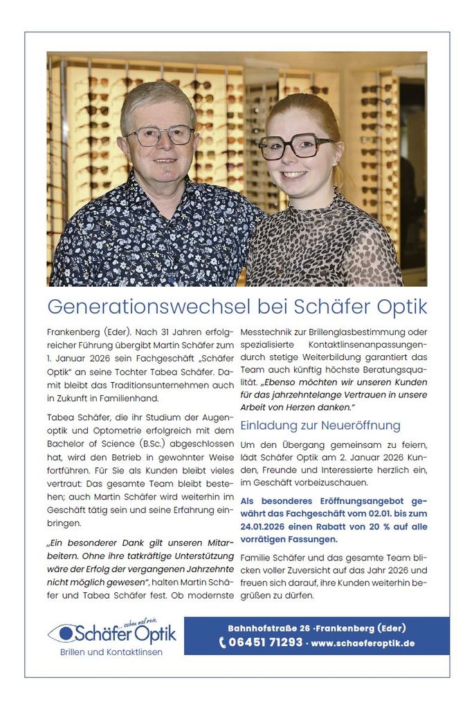 HNA Anzeige 30-12-2025 Generationswechsel bei Schäfer Optik